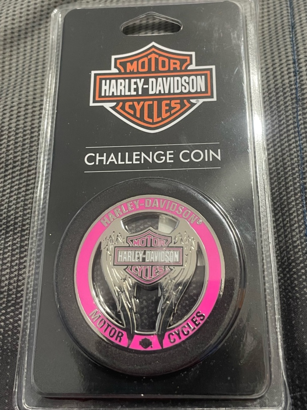 Harley-Davidson Black and Pink Shield Challenge Coin Ladies Wing Cut Out